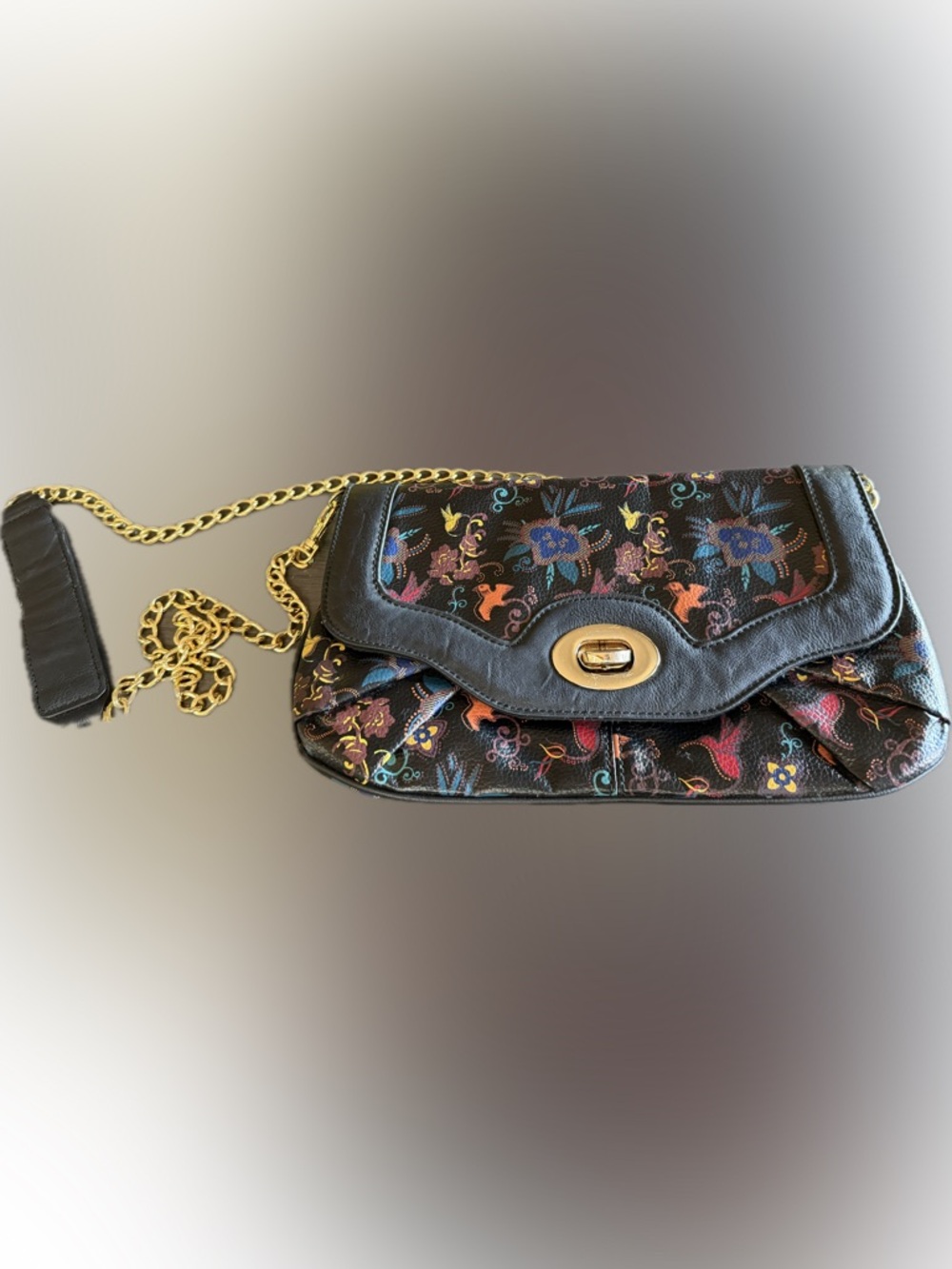 Aldo Black Floral Embossed Crossbody with Gold Chain Accent